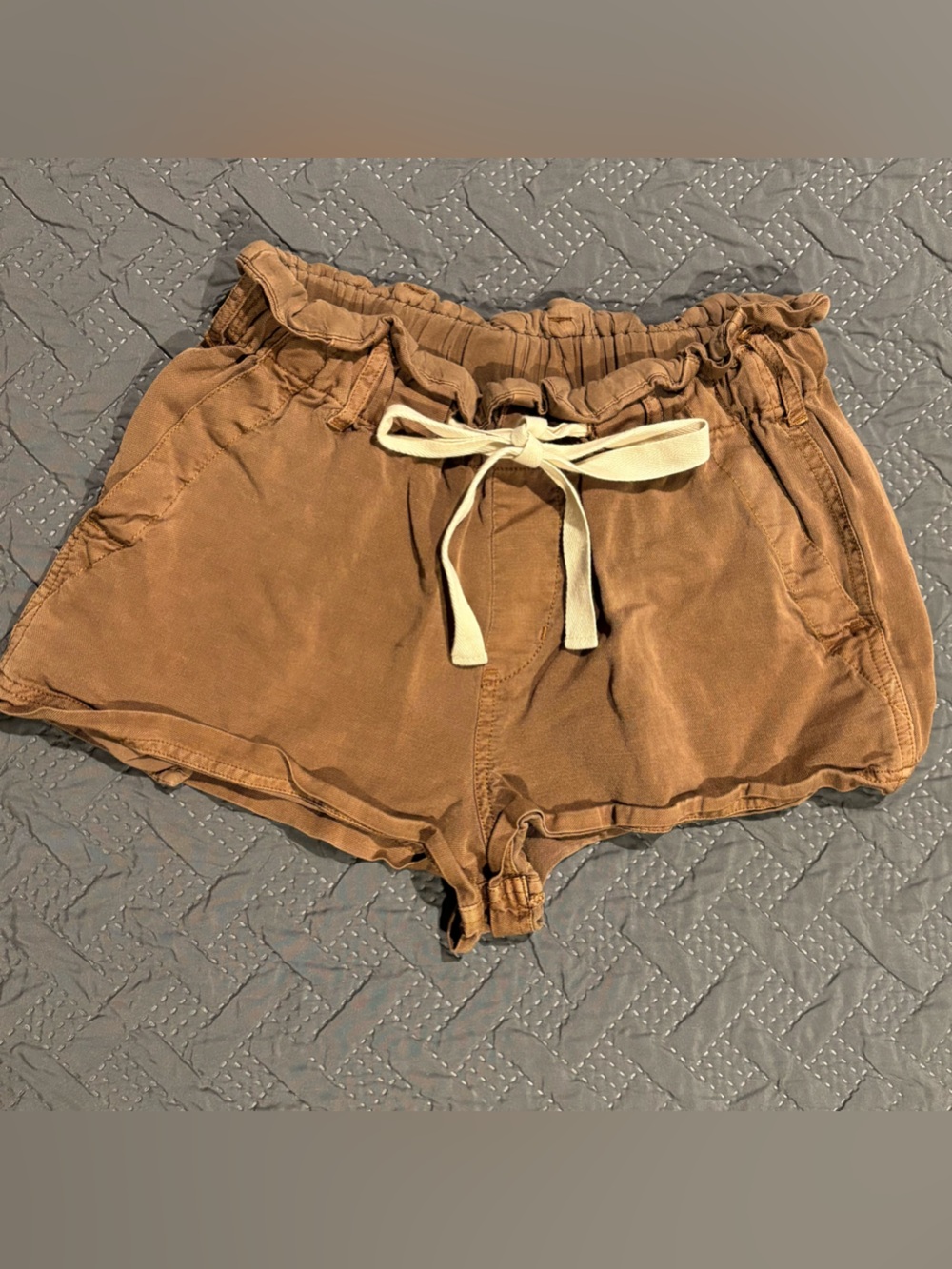 Free People High-Waist Paperbag Shorts — Brown with Cream Tie